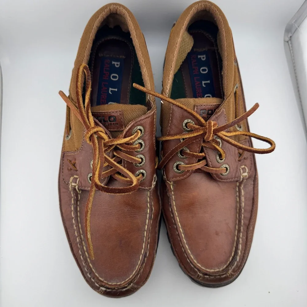 Polo Ralph Lauren Boat Shoes 10D Brown Lug Sole Leather Canvas MA2531